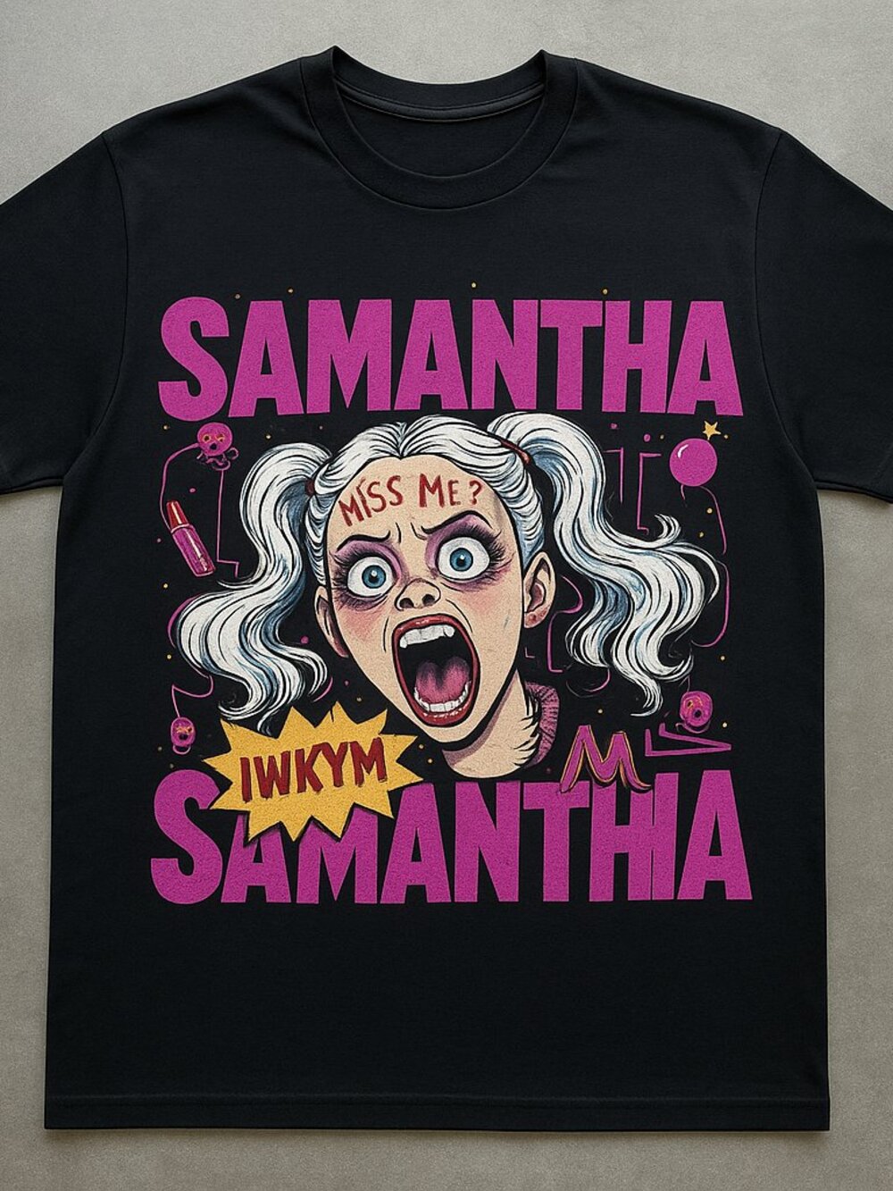 Samantha Miss Me Graphic Tee | Retro Y2K Pink Horror Pop Art Black T-Shirt